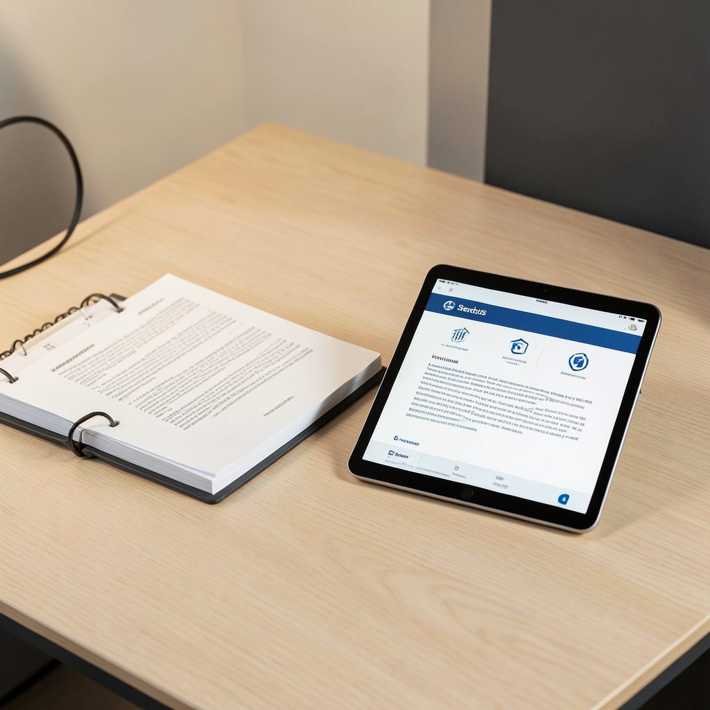 A clean desk surface with a technical document binder and a tablet displaying a standards cover page, warm beige and charcoal tones, professional atmosphere