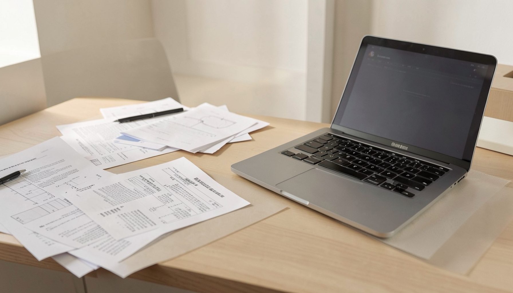 A clean, well-lit desk scene with technical documents and a laptop, warm neutral tones of beige and soft gray, professional and organized atmosphere.